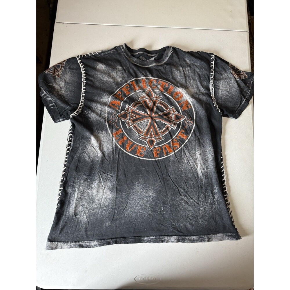 Affliction Mens Black Live Fast Graphic T Shirt Large Thick Stitch Sides RawEdge